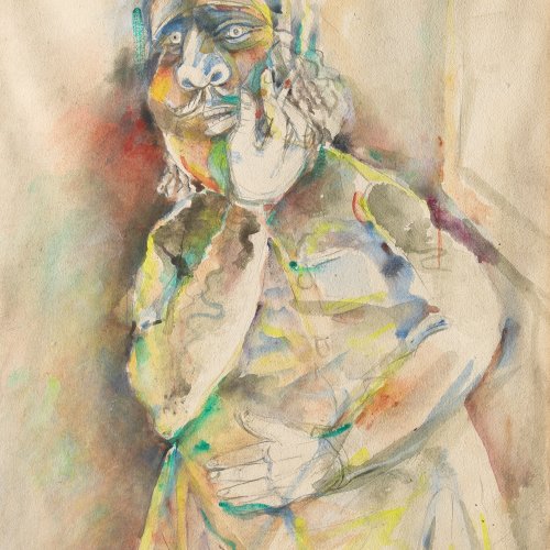 Paritosh Sen, Ohne Titel (Man smoking Cigarrete), 1980, Acryl als Wasserfarbe/ Papier