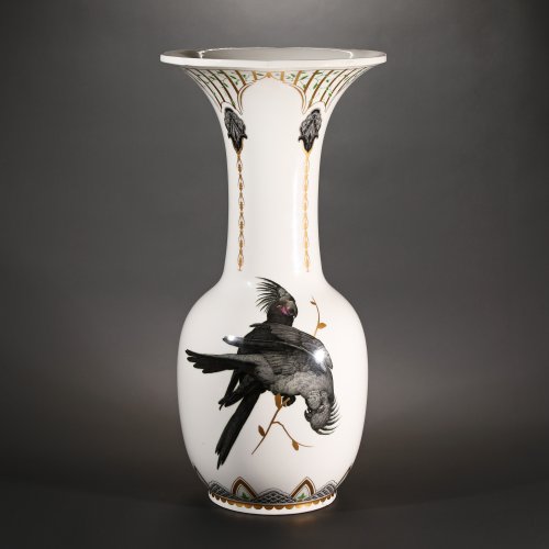 Large vase with black palm cockatoos